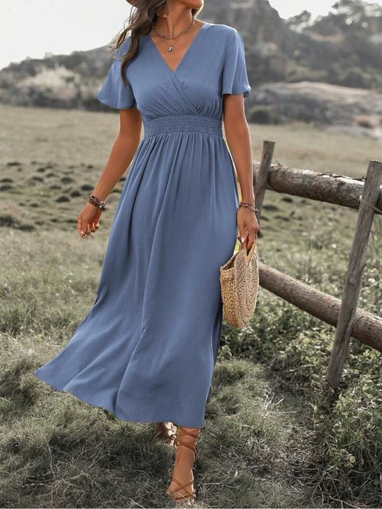 SHEIN Dresses & Skirts - Baby Blue Smocked Waist V-Neck Midi Dress